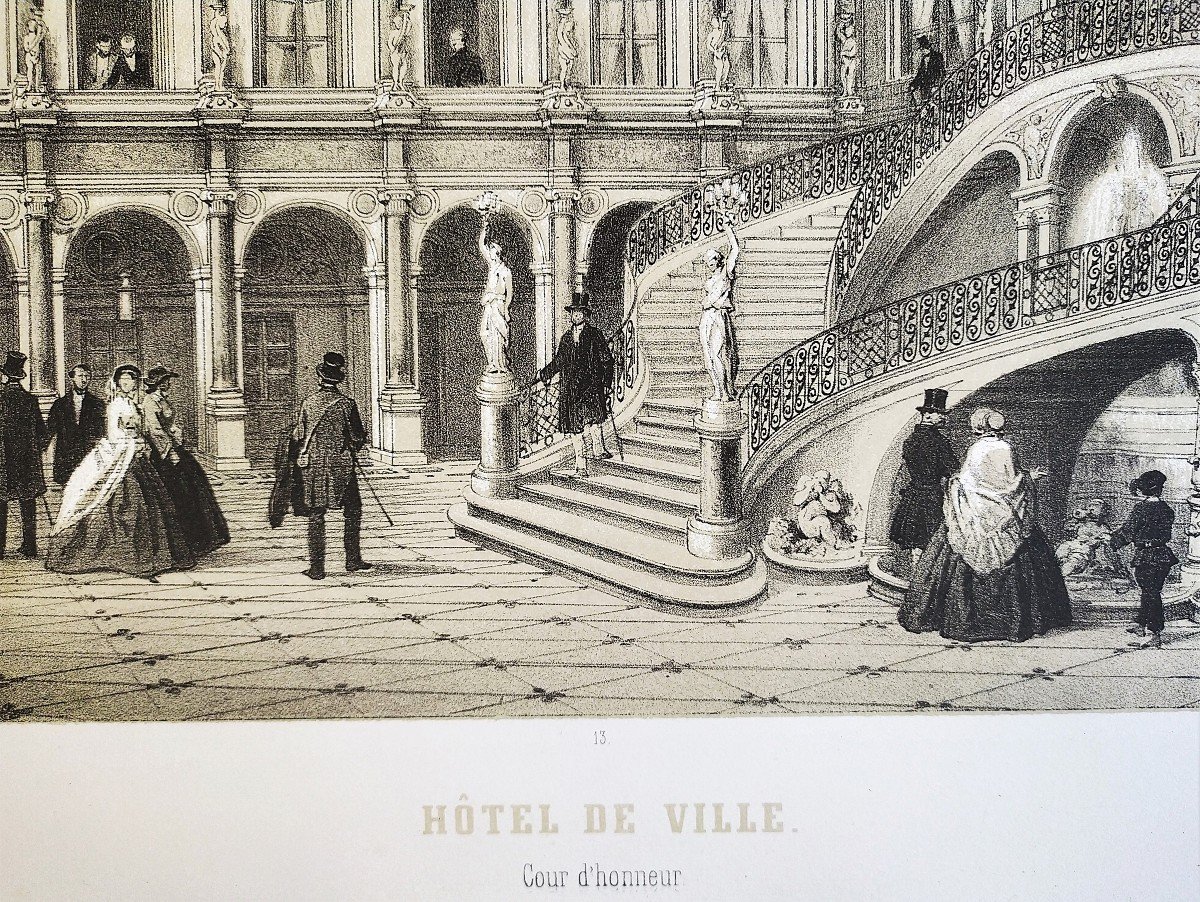 Paris City Hall Lithograph 19th Century Old Print-photo-4