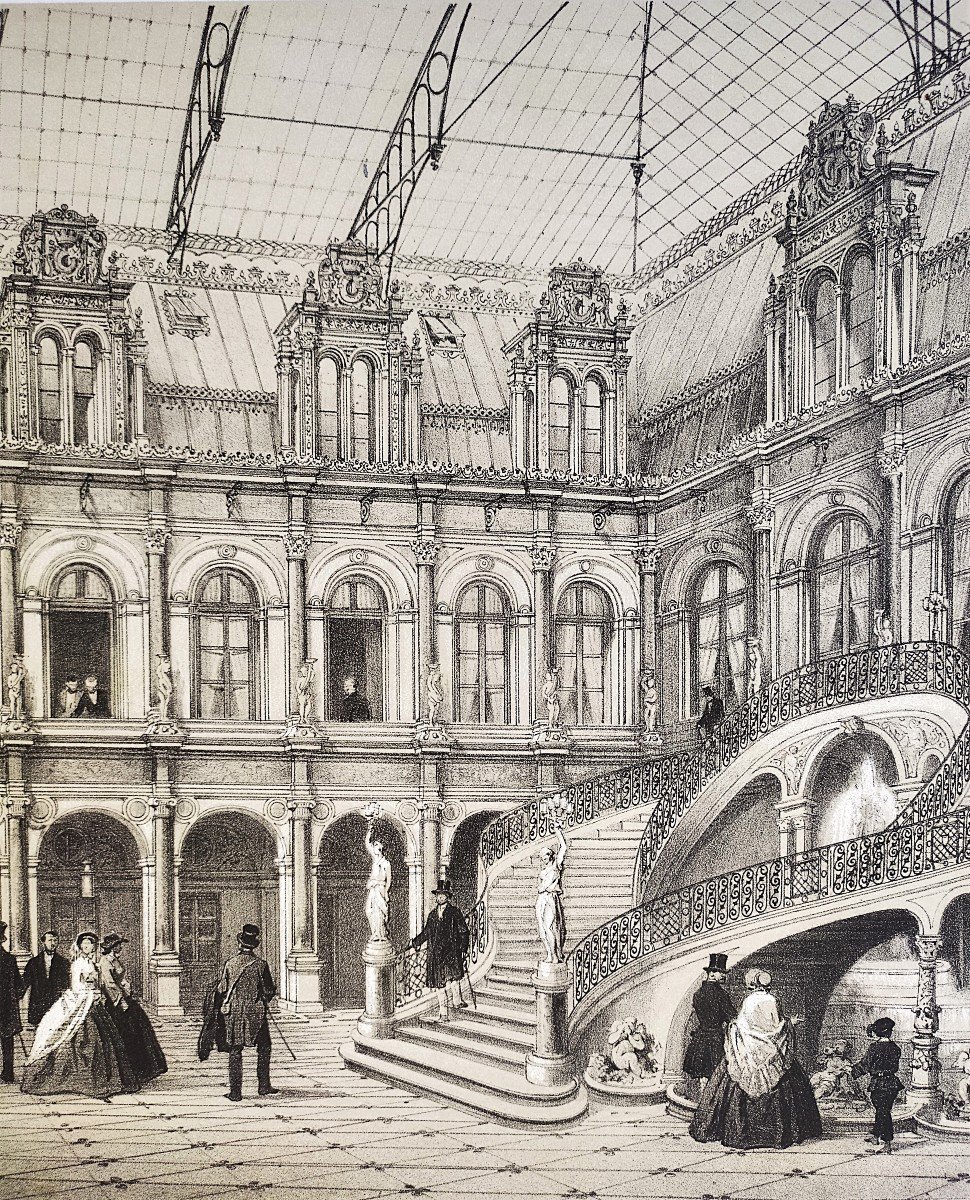 Paris City Hall Lithograph 19th Century Old Print-photo-3