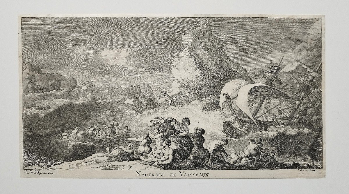 Etching Shipwreck Of Vessels Seascape Engraving 18th Century Old Print-photo-2