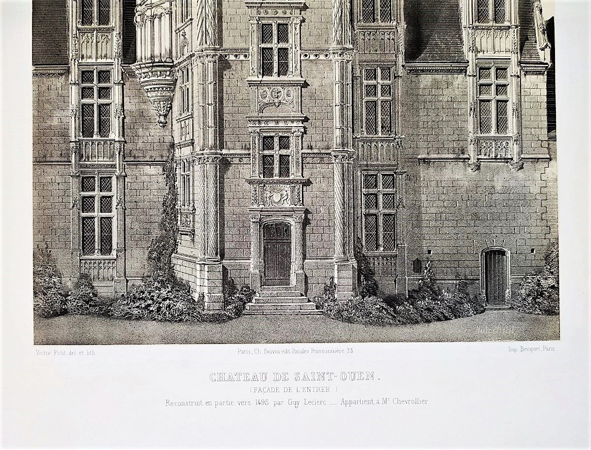 Architecture Renaissance Château De Saint-Ouen Lithographie Par Victor Petit 19ème-photo-1