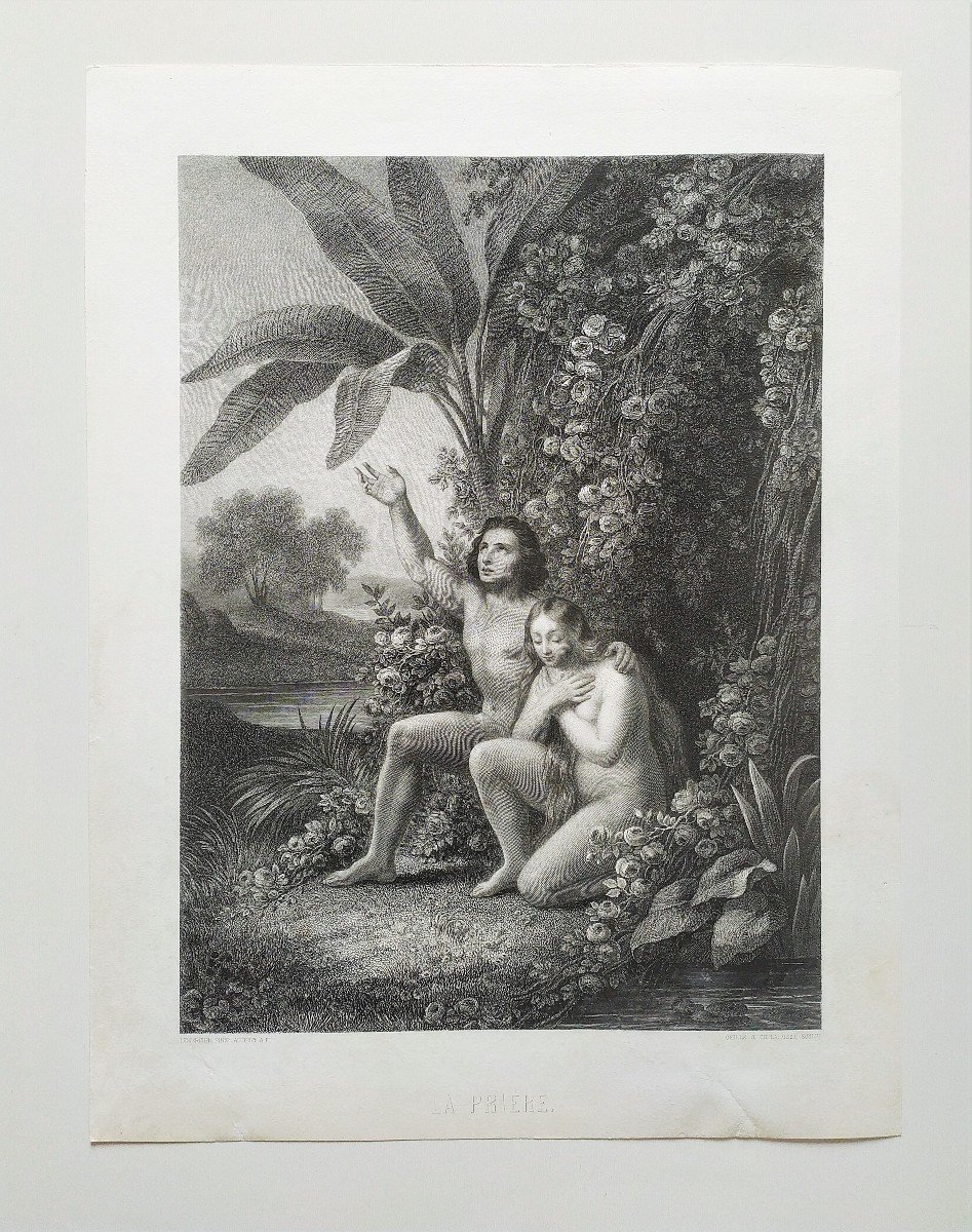 La Prière Adam Et Eve Nu Scène Biblique Gravure 19ème-photo-2