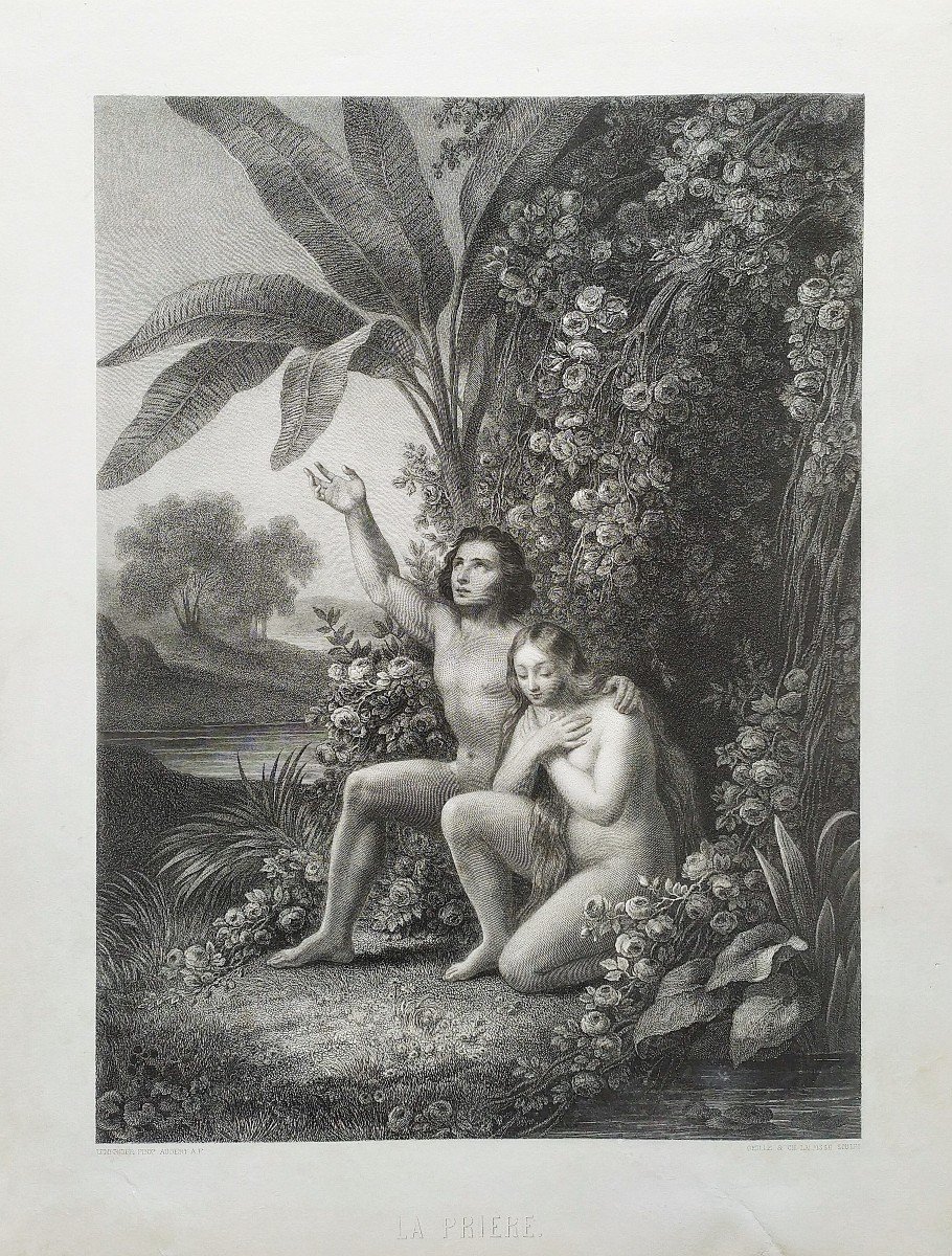 La Prière Adam Et Eve Nu Scène Biblique Gravure 19ème-photo-3