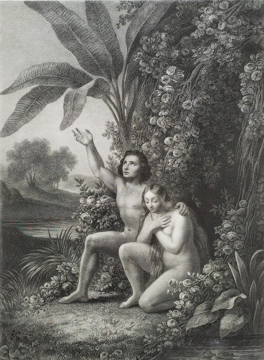 La Prière Adam Et Eve Nu Scène Biblique Gravure 19ème-photo-4