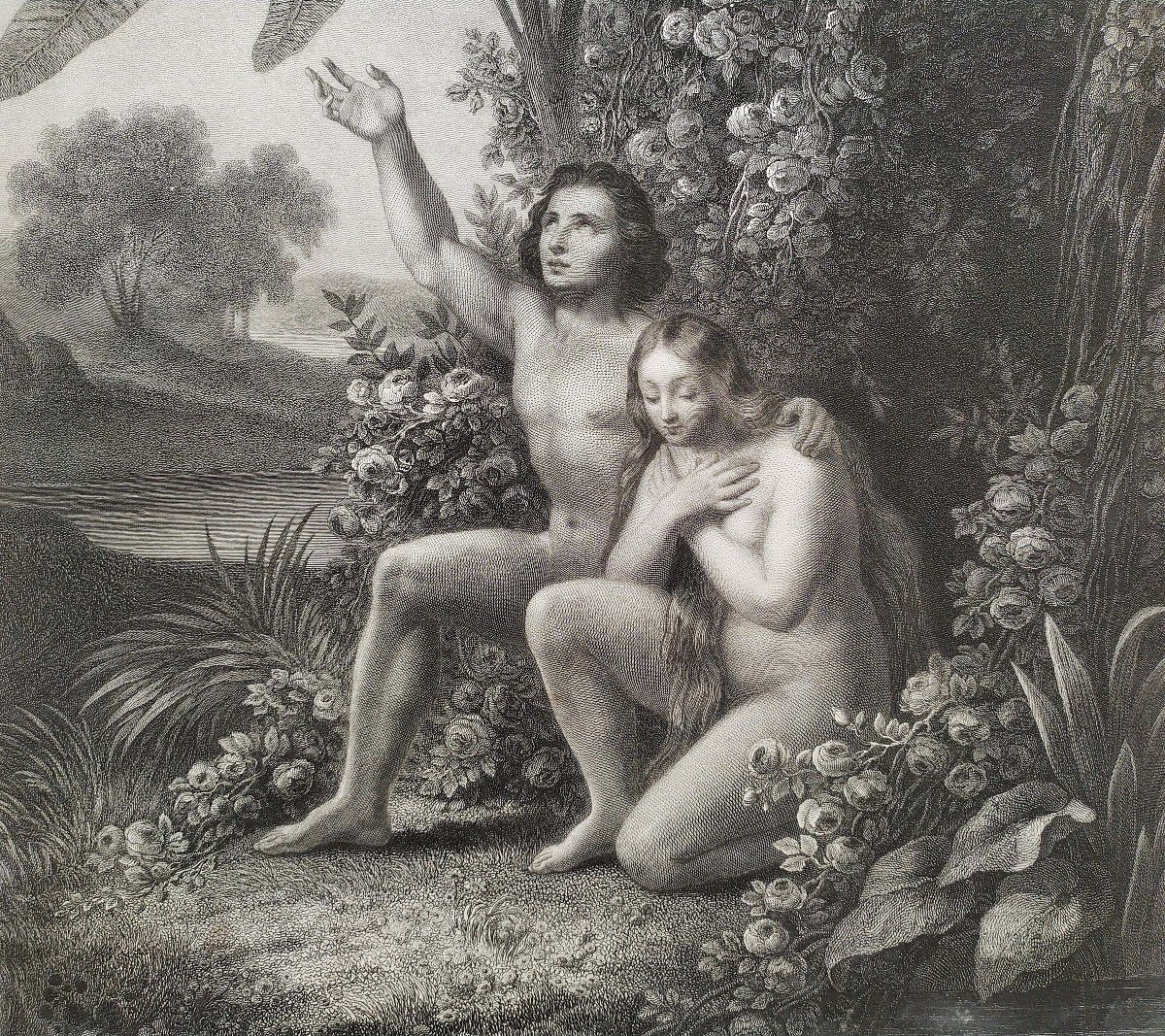 La Prière Adam Et Eve Nu Scène Biblique Gravure 19ème-photo-1