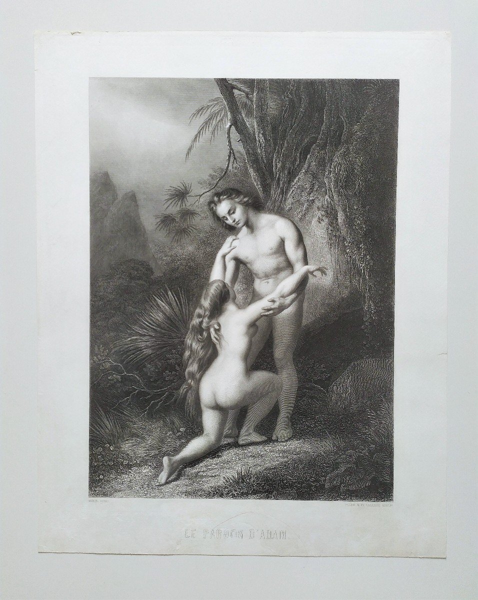 Adam's Forgiveness Eve Nude Biblical Scene Engraving 19th C Etching Old Print-photo-2