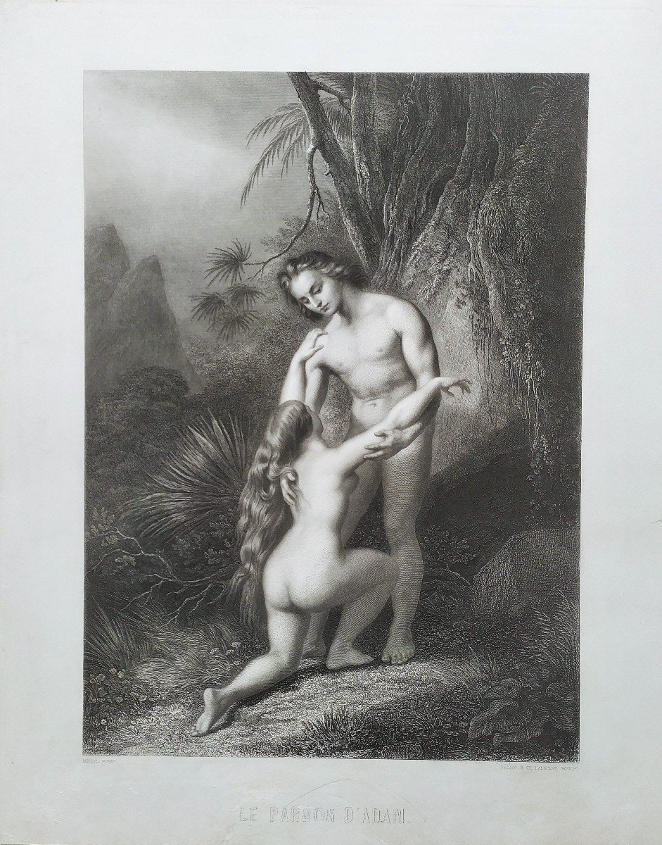 Adam's Forgiveness Eve Nude Biblical Scene Engraving 19th C Etching Old Print-photo-3