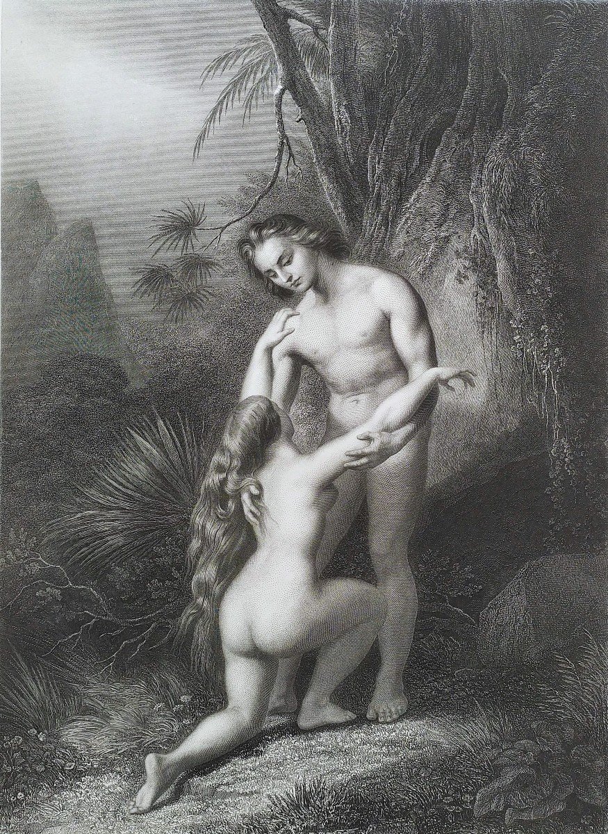 Adam's Forgiveness Eve Nude Biblical Scene Engraving 19th C Etching Old Print-photo-4