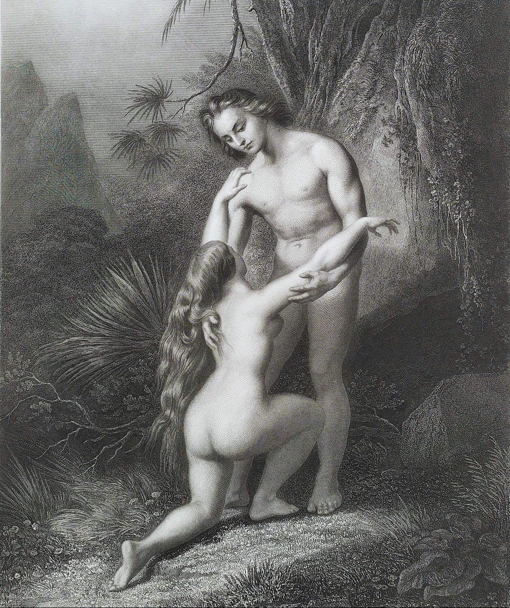 Adam's Forgiveness Eve Nude Biblical Scene Engraving 19th C Etching Old Print-photo-1