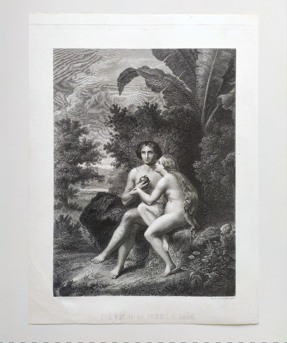 Nu Eve  Adam  Scène Biblique Gravure par Moret et Ch. Lalaisse 19ème-photo-2