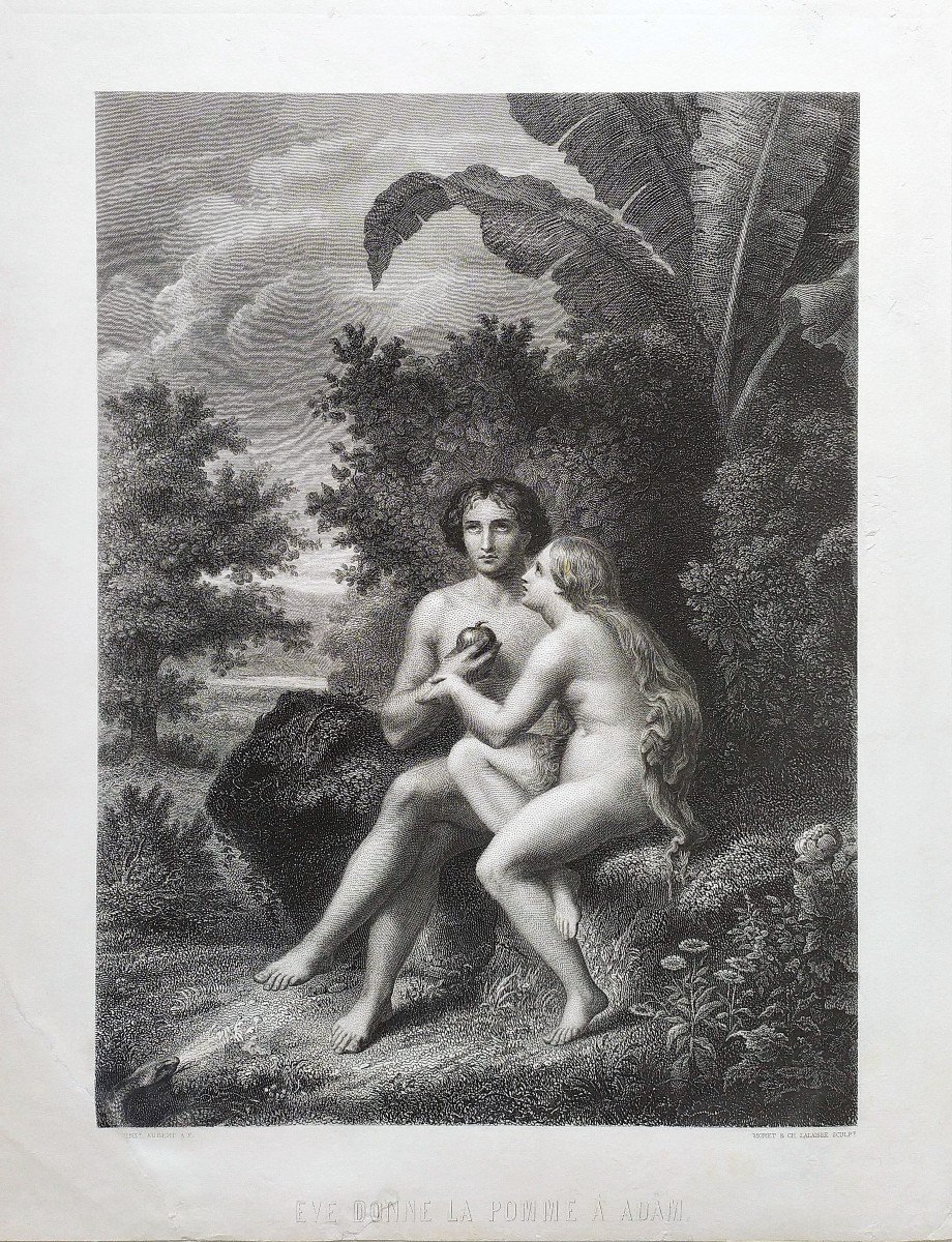 Nu Eve  Adam  Scène Biblique Gravure par Moret et Ch. Lalaisse 19ème-photo-3