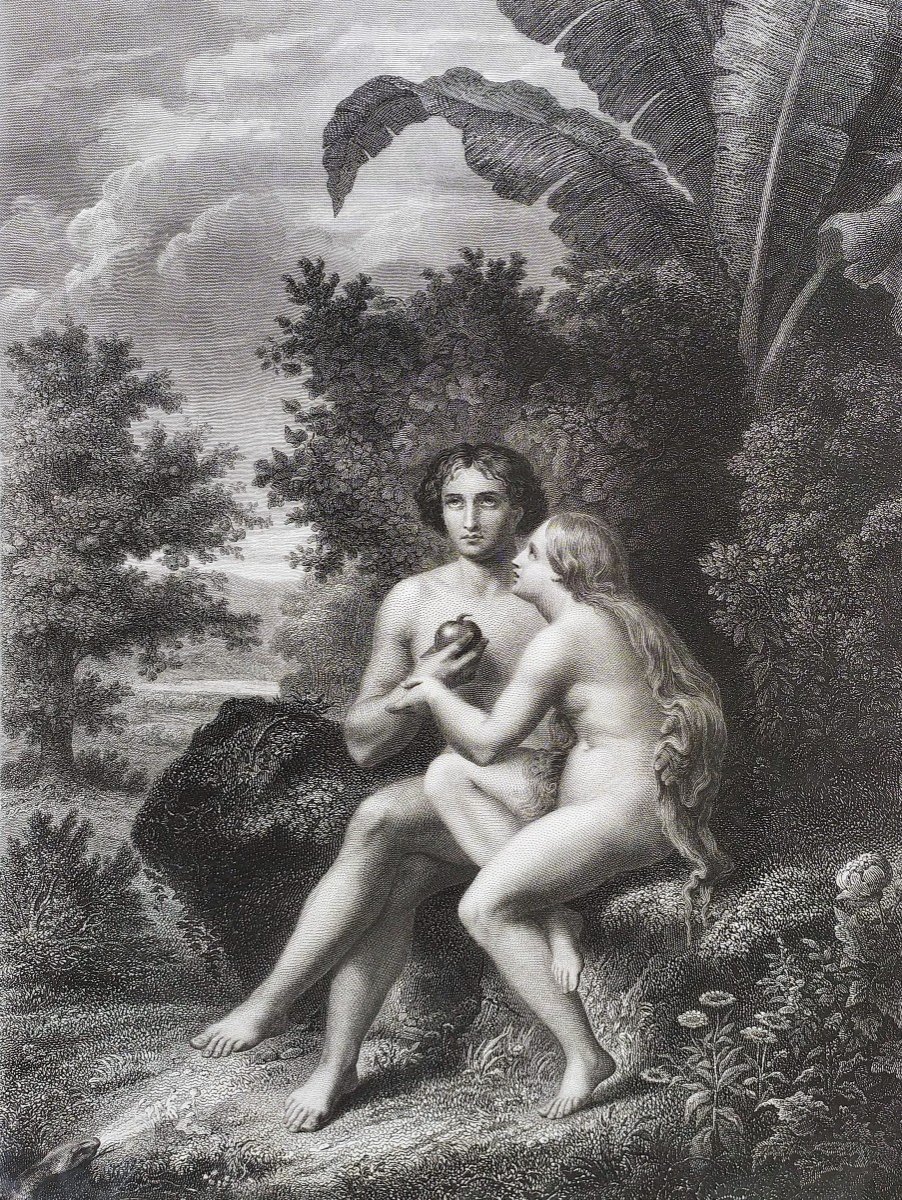 Nu Eve  Adam  Scène Biblique Gravure par Moret et Ch. Lalaisse 19ème-photo-4