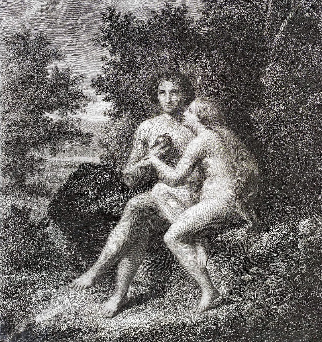 Nu Eve  Adam  Scène Biblique Gravure par Moret et Ch. Lalaisse 19ème-photo-1