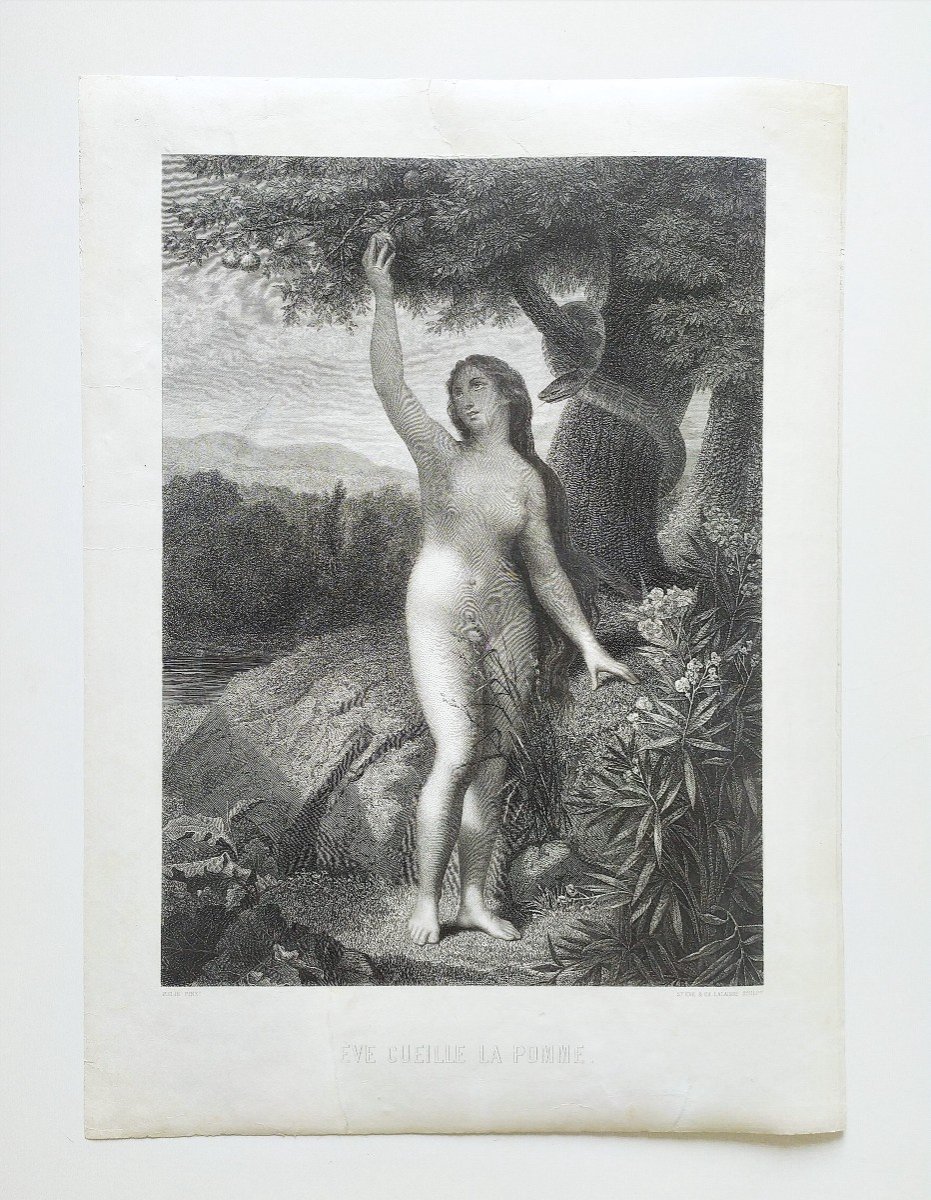 Eve Nude Biblical Scene Engraving After Mélin 19th Century Etching Old Print-photo-2