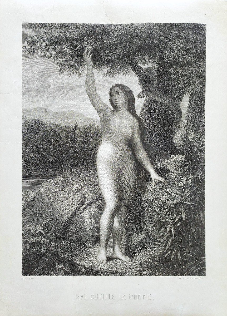 Eve Nude Biblical Scene Engraving After Mélin 19th Century Etching Old Print-photo-3