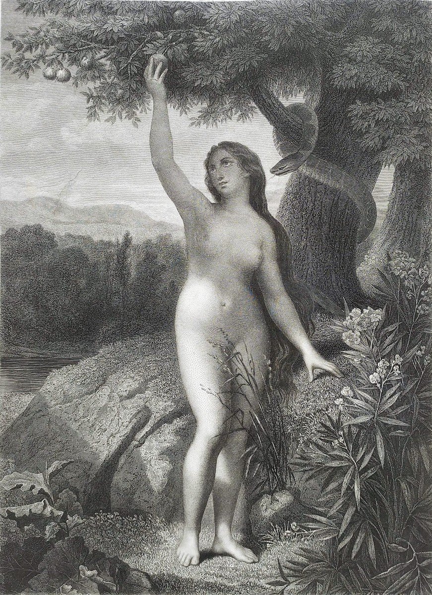 Eve Nude Biblical Scene Engraving After Mélin 19th Century Etching Old Print-photo-4