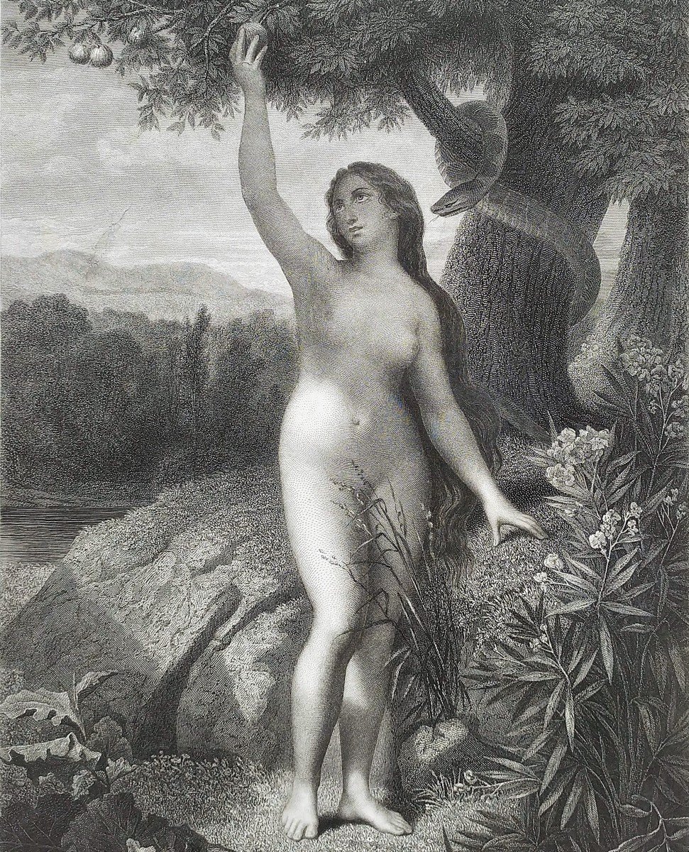 Eve Nude Biblical Scene Engraving After Mélin 19th Century Etching Old Print-photo-1