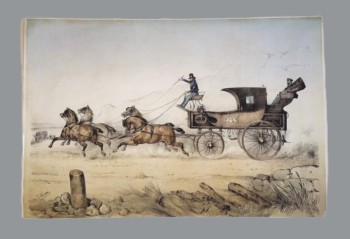 The Coach Of The Post Office Lithograph By Victor Adam 19th Century Old Print-photo-2