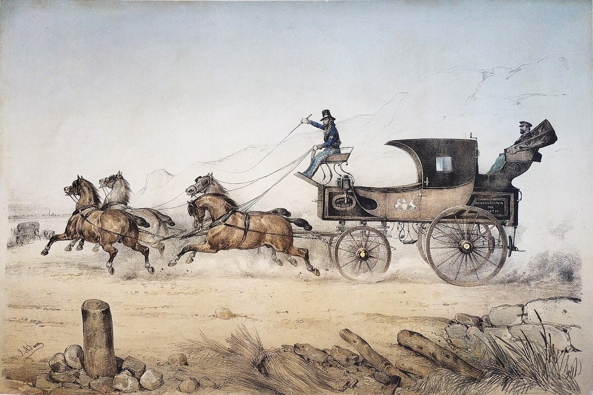 The Coach Of The Post Office Lithograph By Victor Adam 19th Century Old Print-photo-3