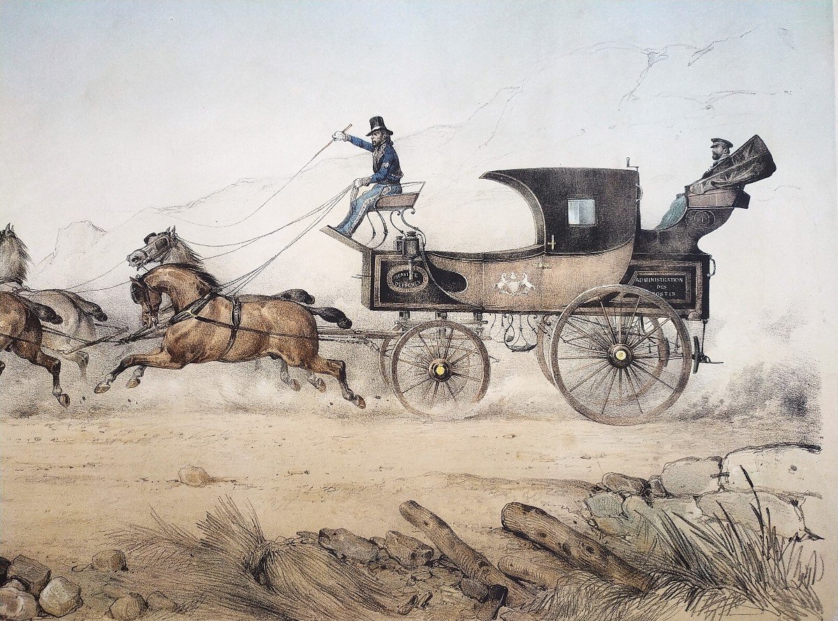 The Coach Of The Post Office Lithograph By Victor Adam 19th Century Old Print-photo-4