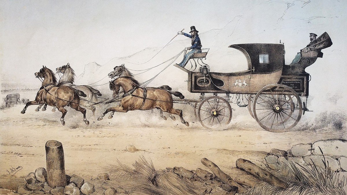 The Coach Of The Post Office Lithograph By Victor Adam 19th Century Old Print-photo-2