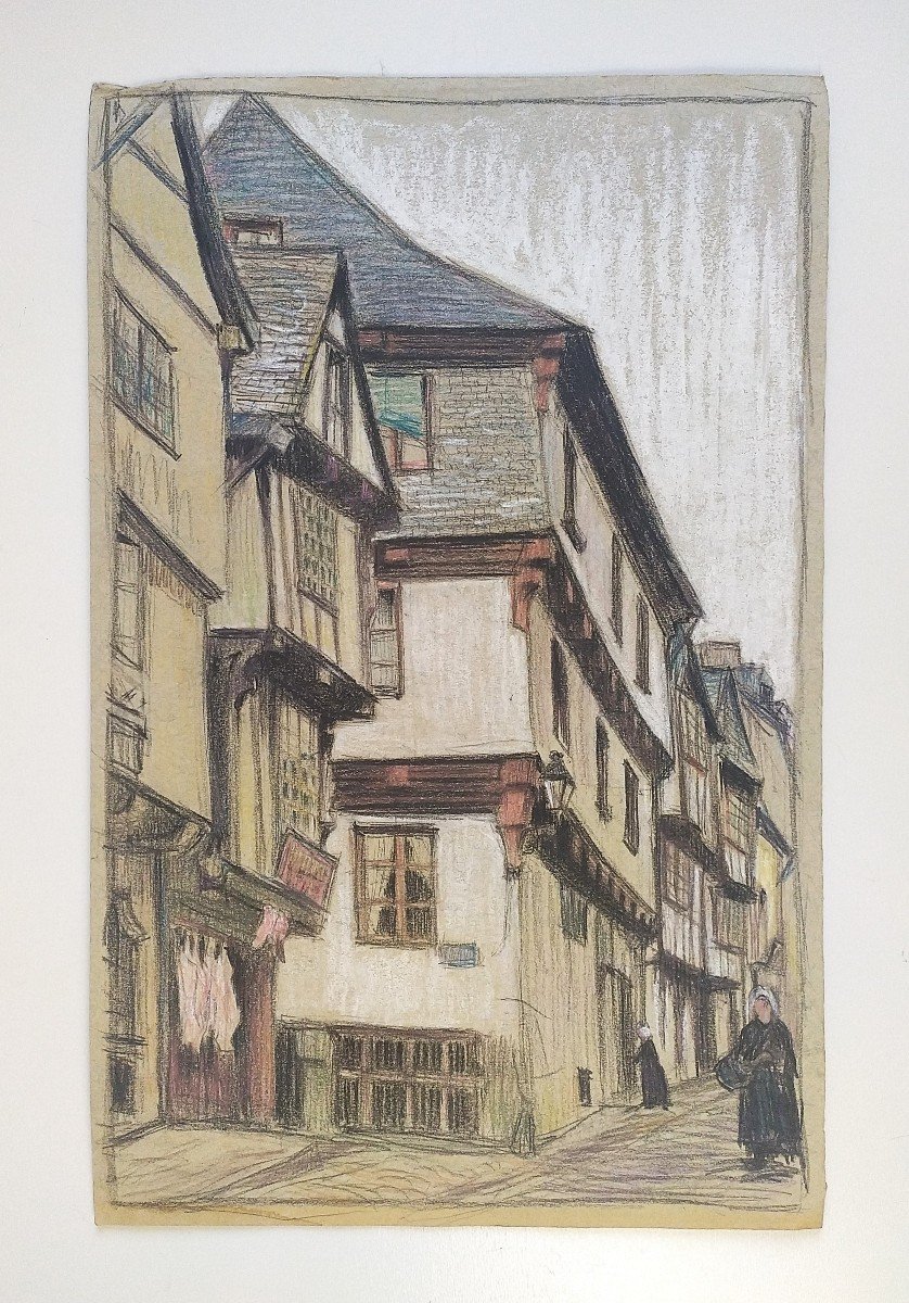 Old Street In Brittany Dinan Pastel Early 20th Century-photo-2