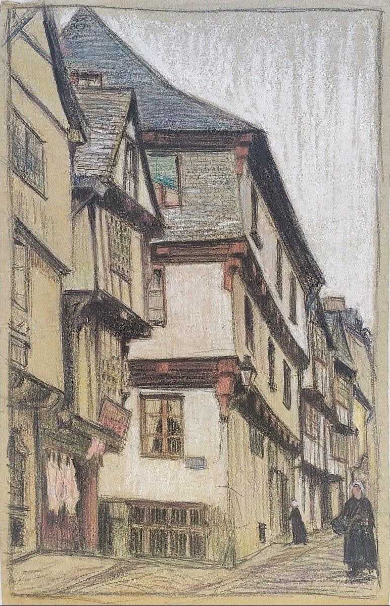 Old Street In Brittany Dinan Pastel Early 20th Century-photo-3