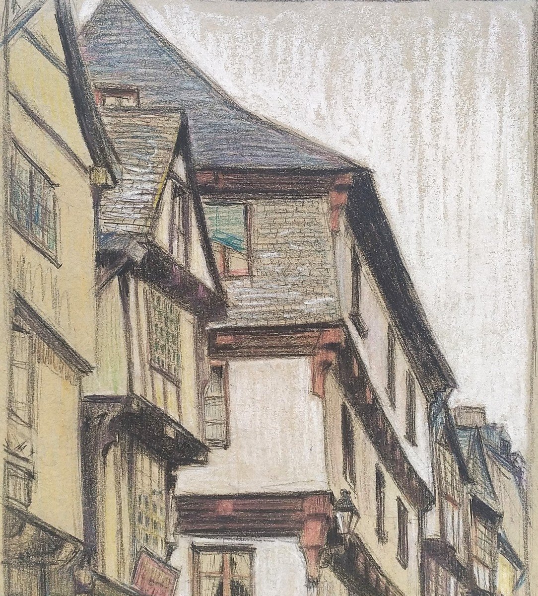 Old Street In Brittany Dinan Pastel Early 20th Century-photo-2