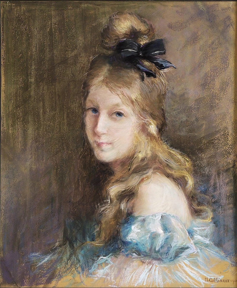 Portrait Of Young Lady Pastel By M. Collineau Dated 1902-photo-3