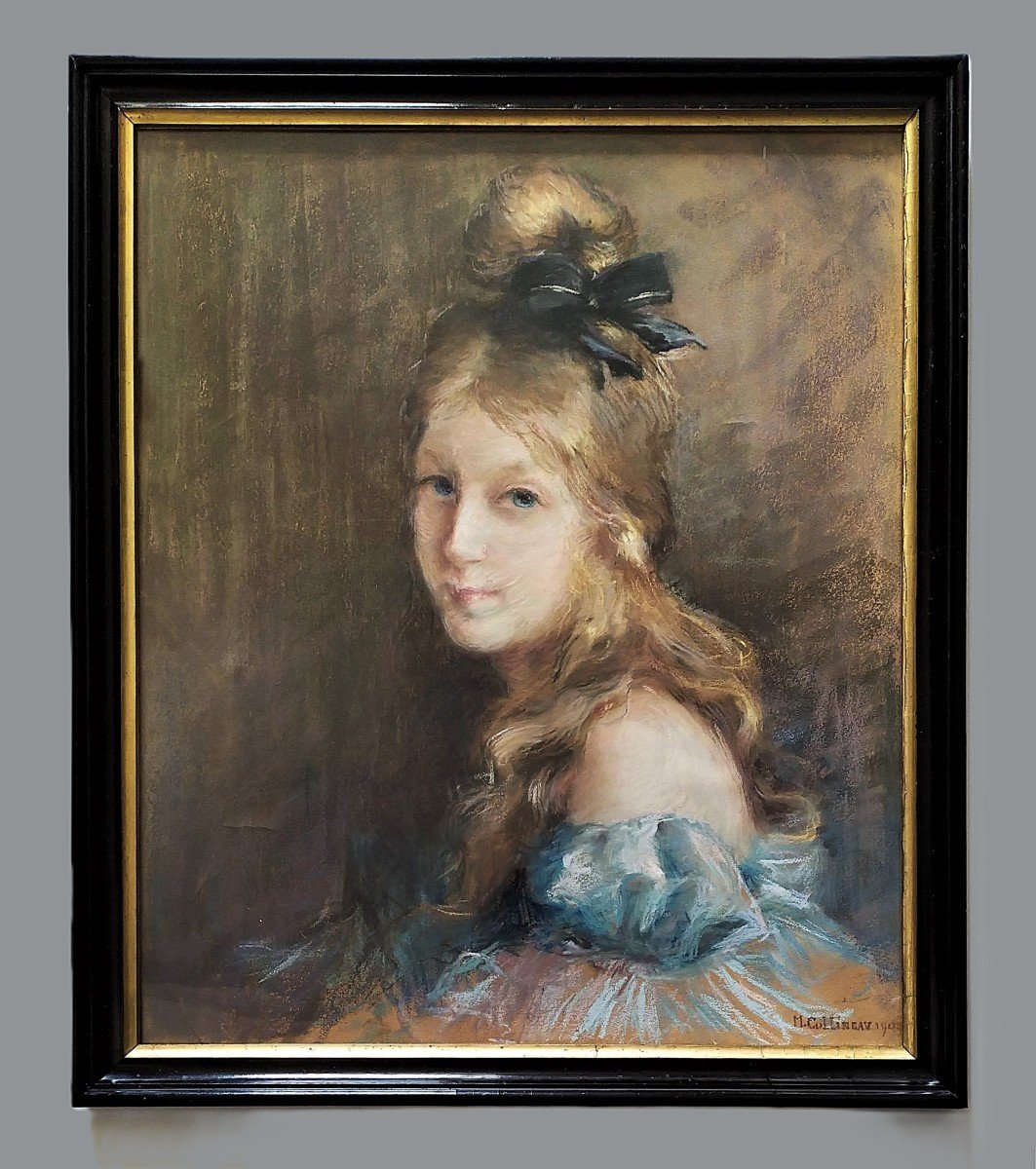 Portrait Of Young Lady Pastel By M. Collineau Dated 1902-photo-2