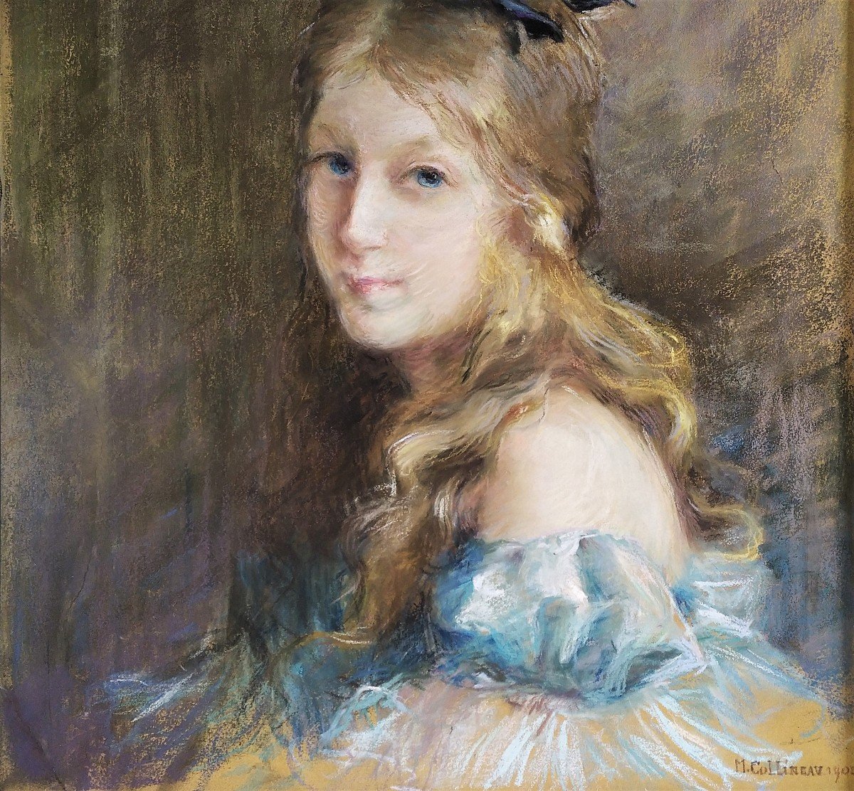 Portrait Of Young Lady Pastel By M. Collineau Dated 1902-photo-1