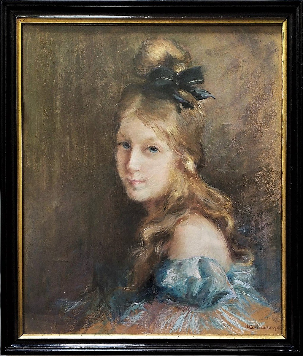 Portrait Of Young Lady Pastel By M. Collineau Dated 1902