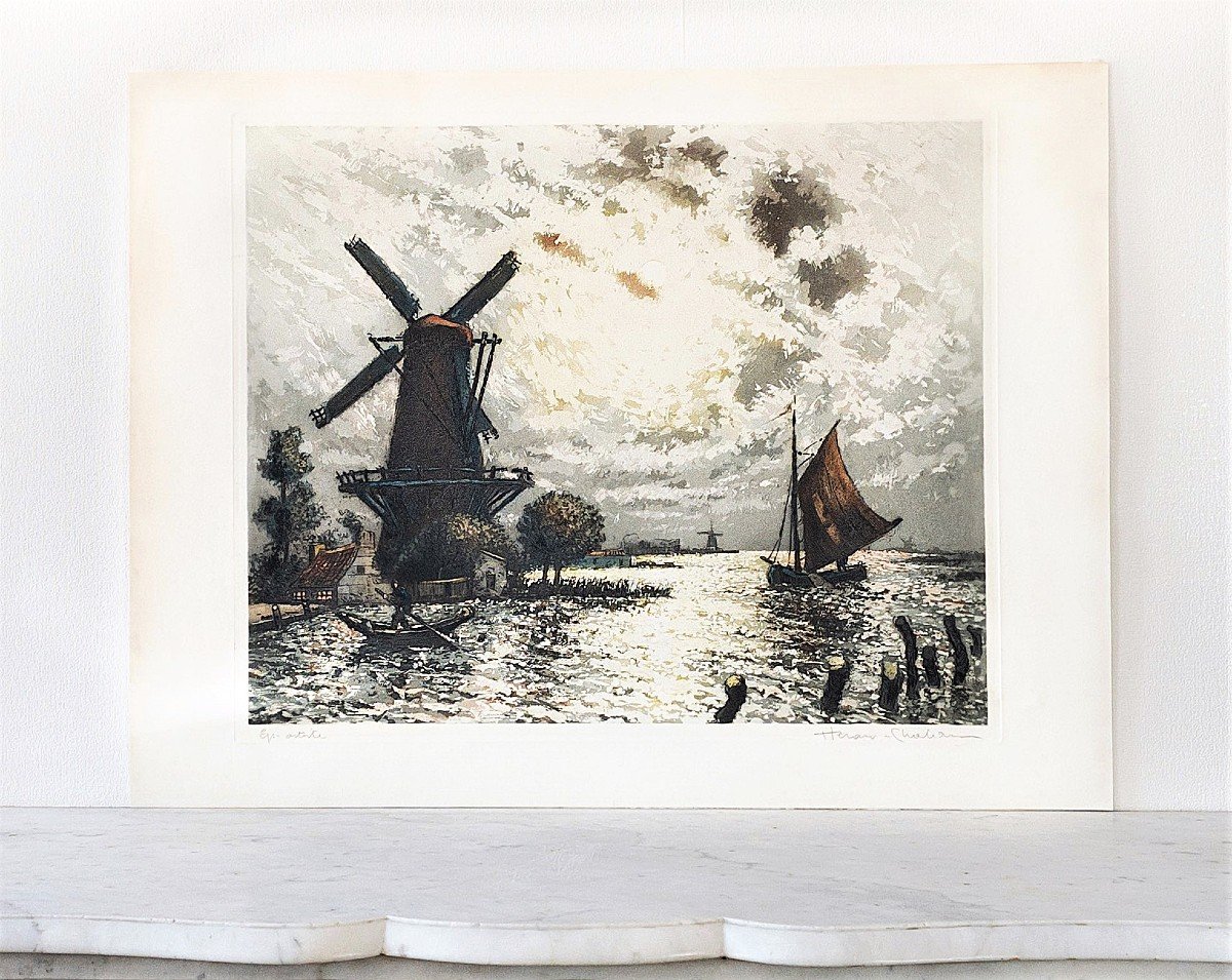 Arsène Chabanian Paysage Hollandais Gravure Aquatinte-photo-3