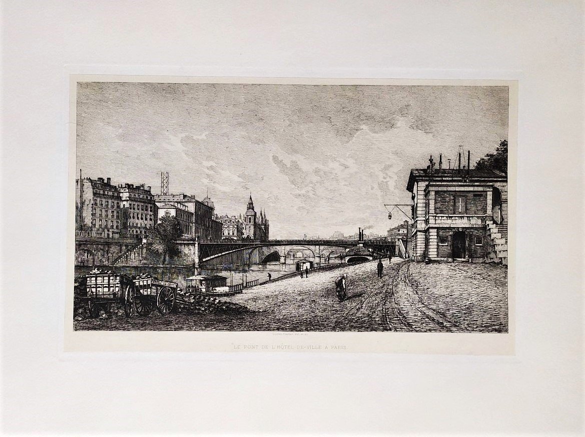 Etching Paris City Hall Bridge Engraving By Lucien Gautier 19th C Old Print-photo-2