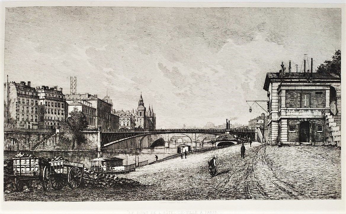 Etching Paris City Hall Bridge Engraving By Lucien Gautier 19th C Old Print-photo-3