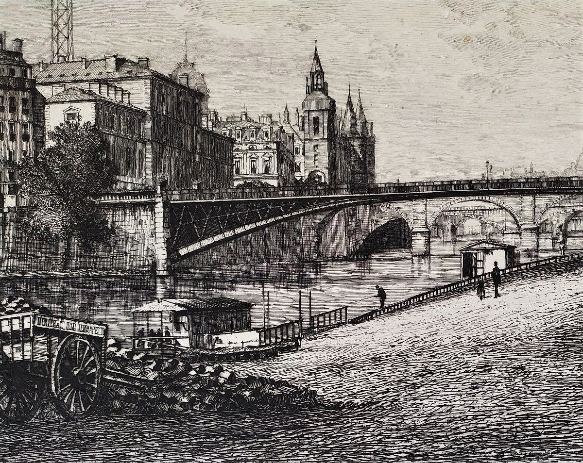 Etching Paris City Hall Bridge Engraving By Lucien Gautier 19th C Old Print-photo-1