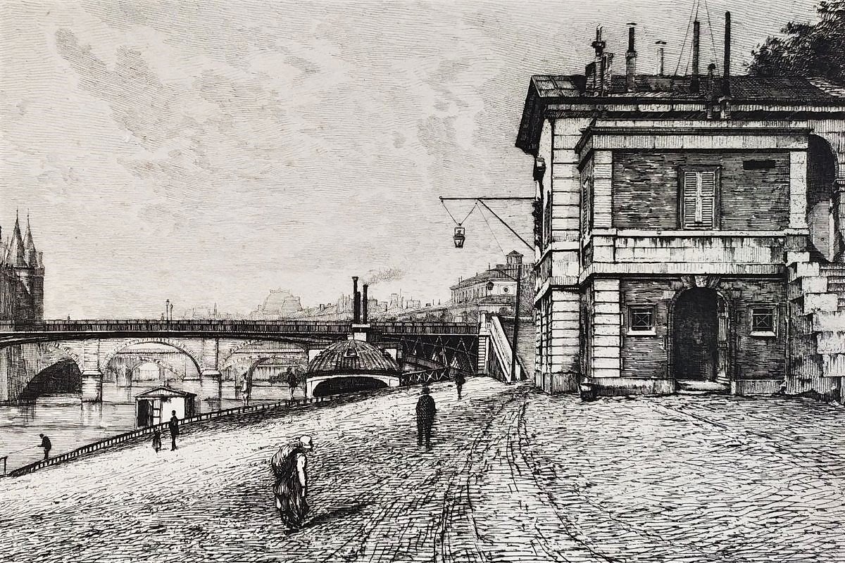 Etching Paris City Hall Bridge Engraving By Lucien Gautier 19th C Old Print-photo-2