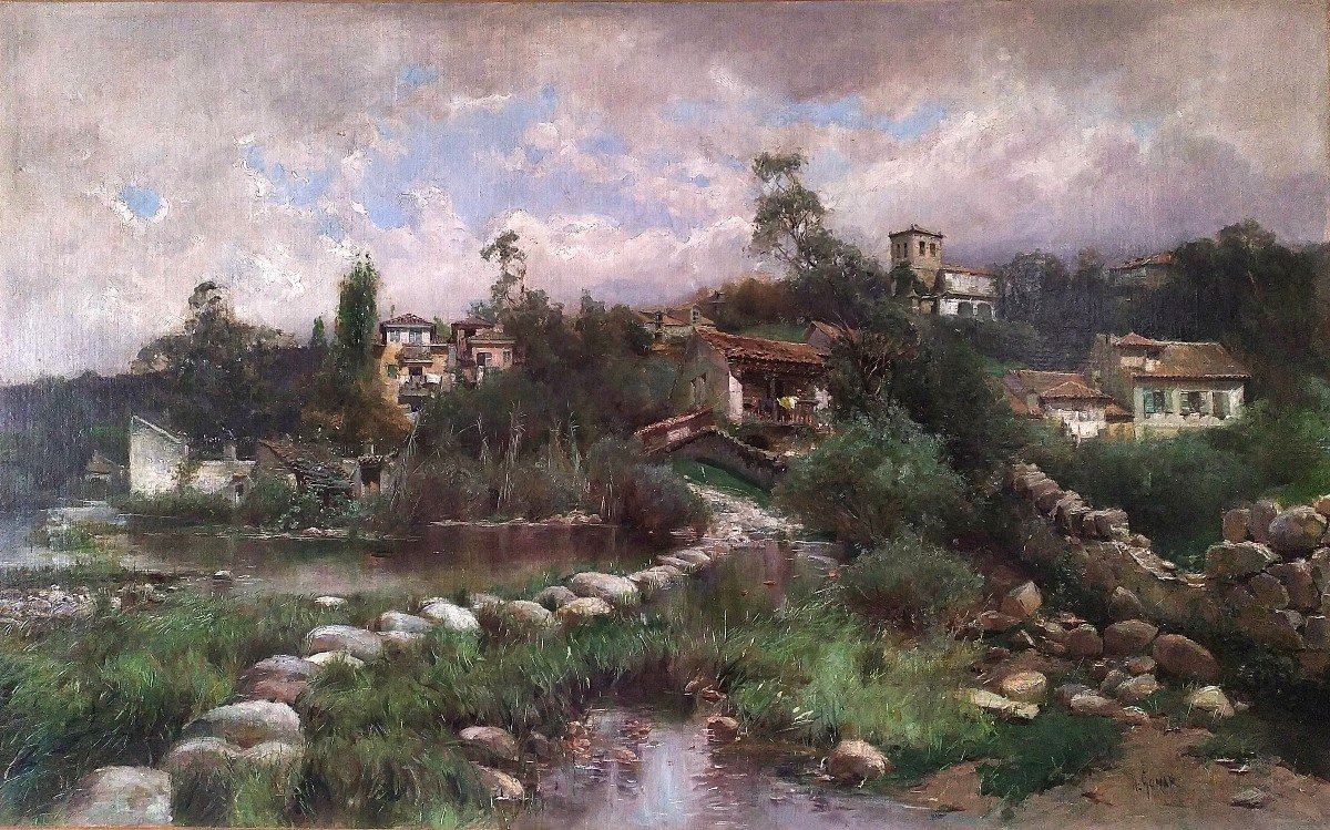 Antonio Gomar Y Gomar Paisaje En Andalucia Tableau Huile Sur Toile 19ème-photo-1