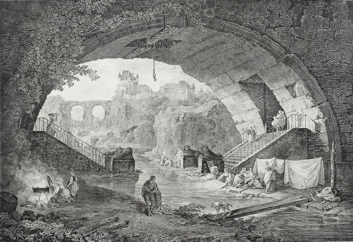 Sphinx Bridge Italy Engraving 19th C After Hubert Robert Etching  Old Print-photo-1