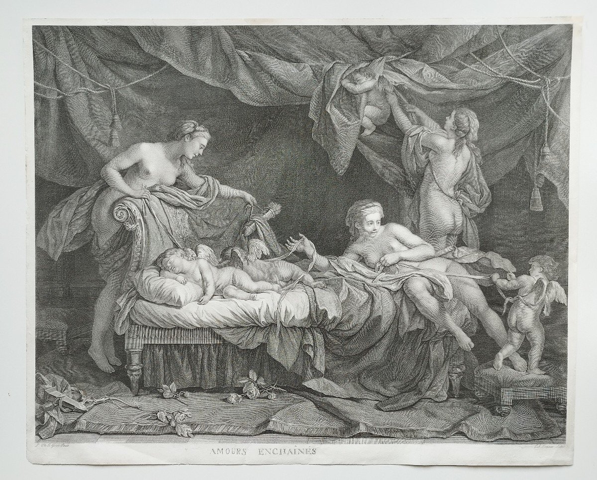  Mythological Etching Engraving Chained Lovers 18th Century Old Print-photo-2