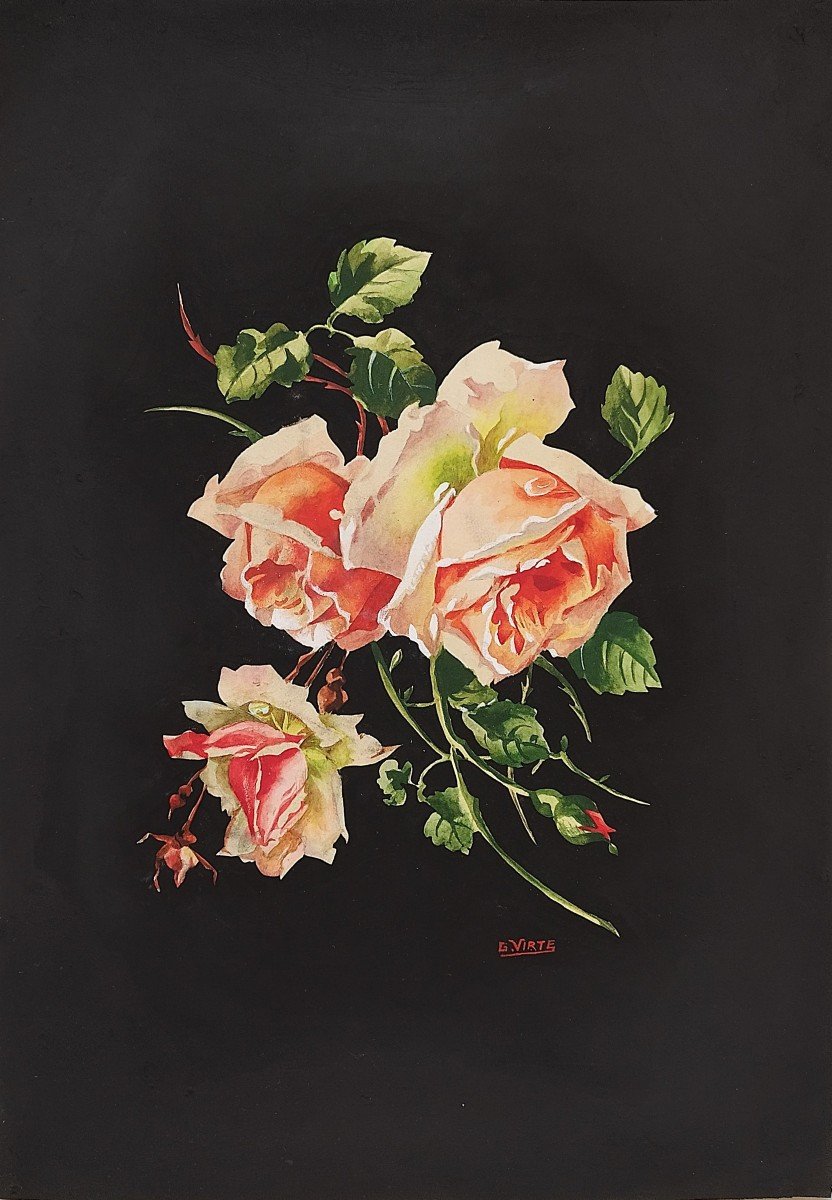 Roses Fleurs Gouache Signé G. Virte 20ème