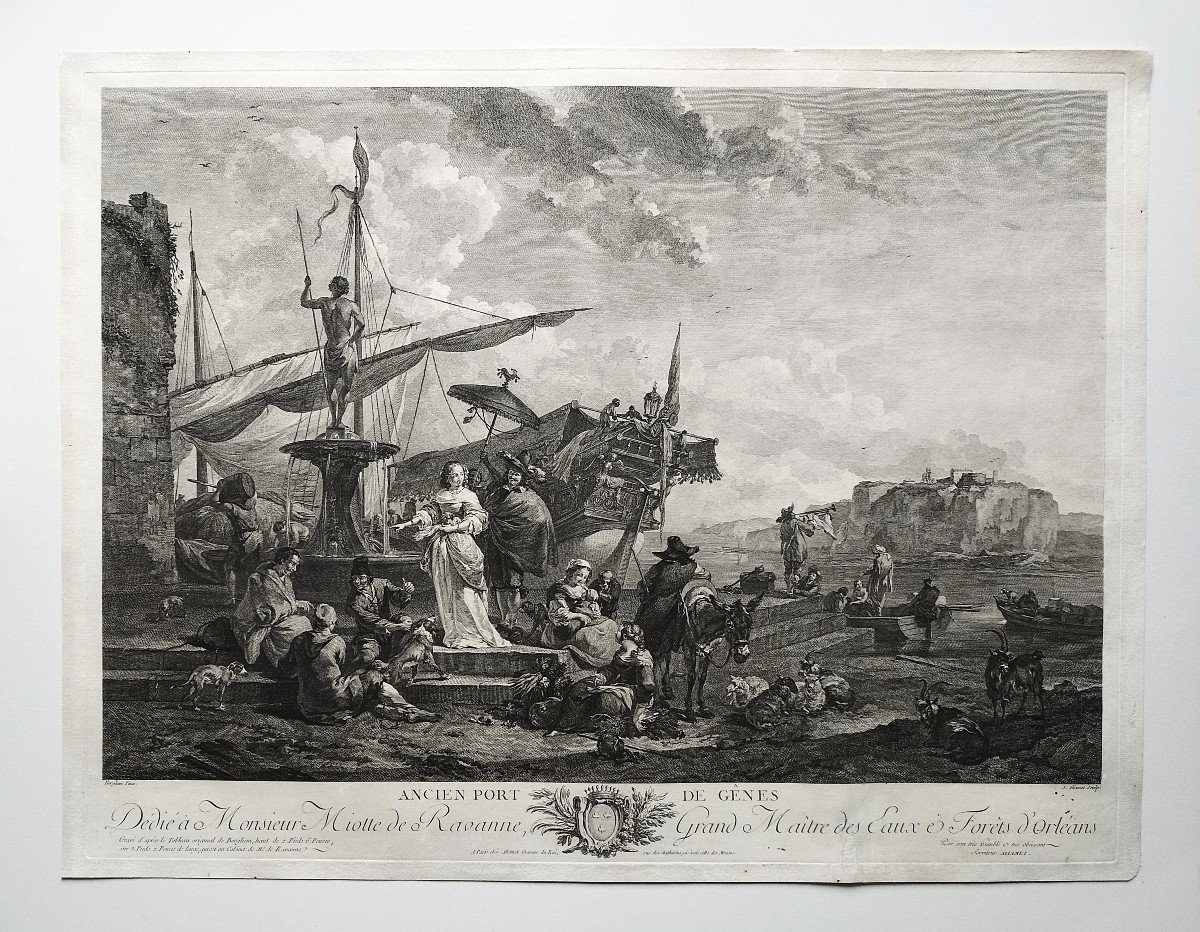 Port Of Genoa Engraving By Jacques Aliamet After Berghem 18th C Etching Old Print-photo-2