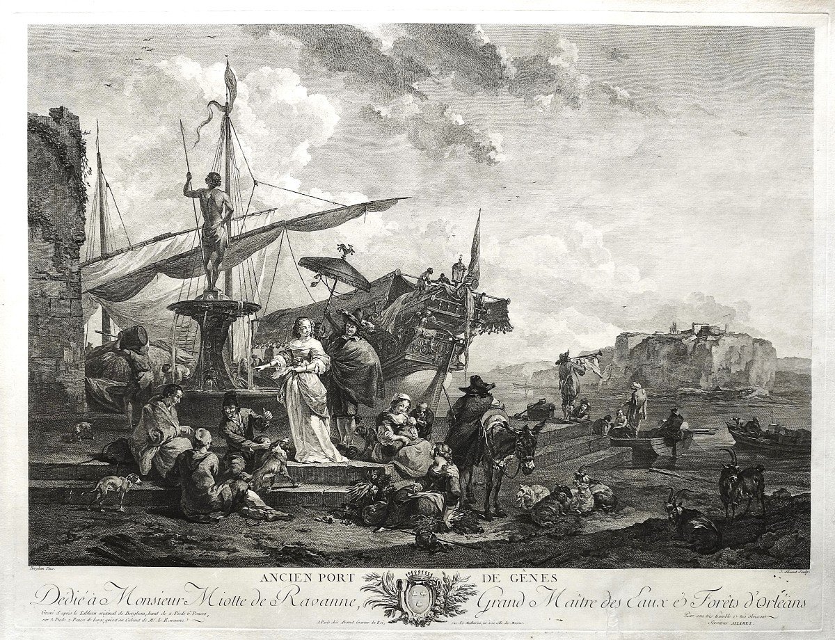 Port De Gênes Gravure Ancienne Par Jacques Aliamet d'Après Berghem 18ème-photo-3