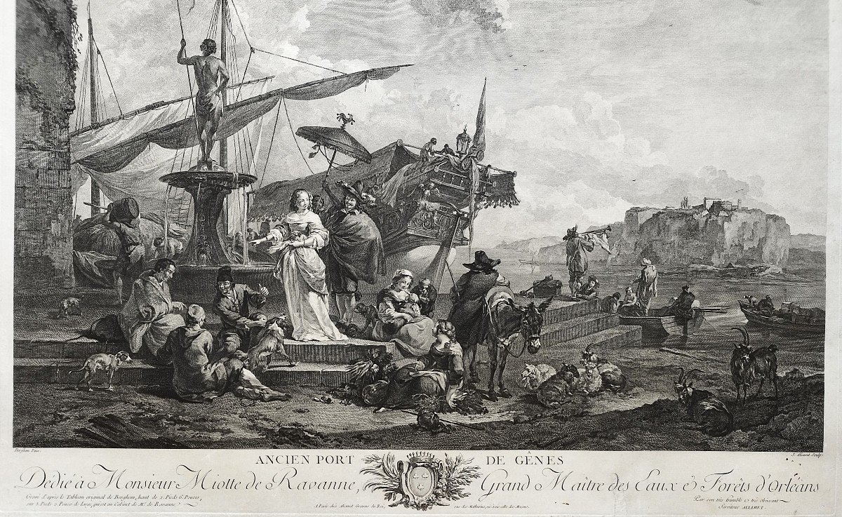 Port De Gênes Gravure Ancienne Par Jacques Aliamet d'Après Berghem 18ème-photo-1