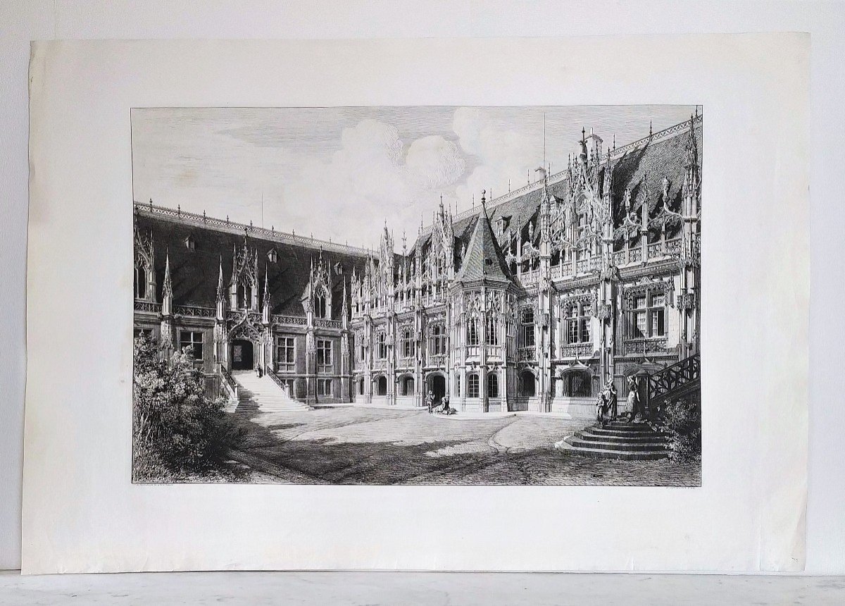 Rouen Court House By Octave De Rochebrune Etching Architecture Engraving 19th C Old Print-photo-2