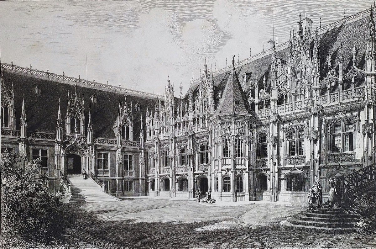 Rouen Court House By Octave De Rochebrune Etching Architecture Engraving 19th C Old Print-photo-3