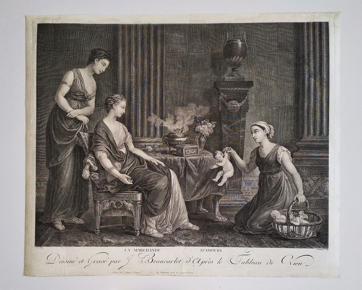 Engraving By Beauvarlet The Merchant Of Loves Etching 18th C Old Print-photo-2