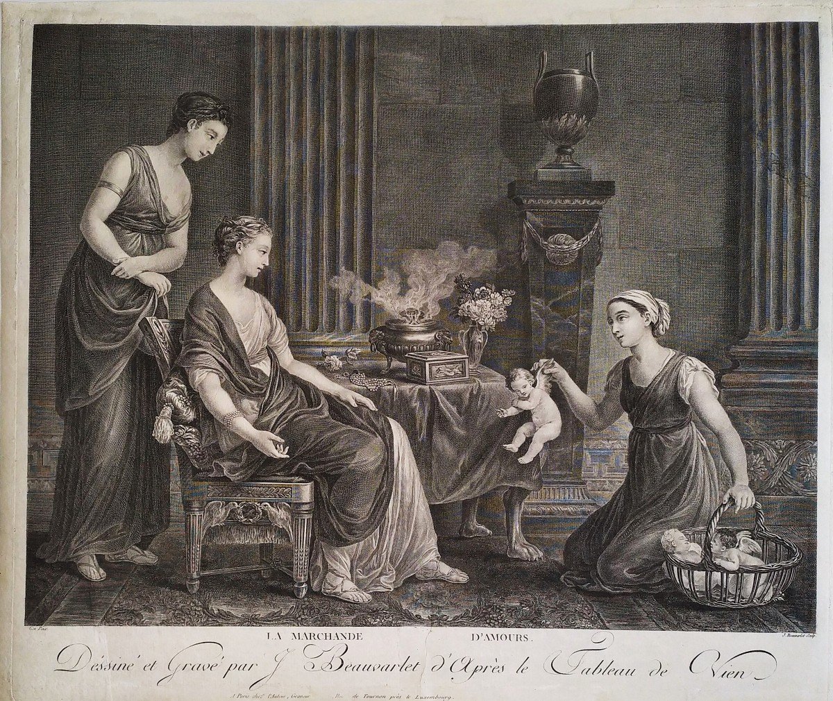 Engraving By Beauvarlet The Merchant Of Loves Etching 18th C Old Print-photo-3