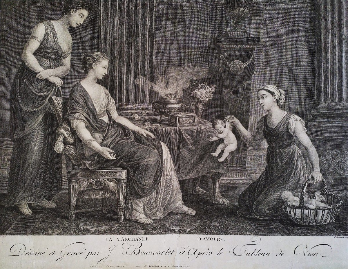 Gravure  Ancienne Par Beauvarlet La Marchande d'Amours 18ème-photo-1