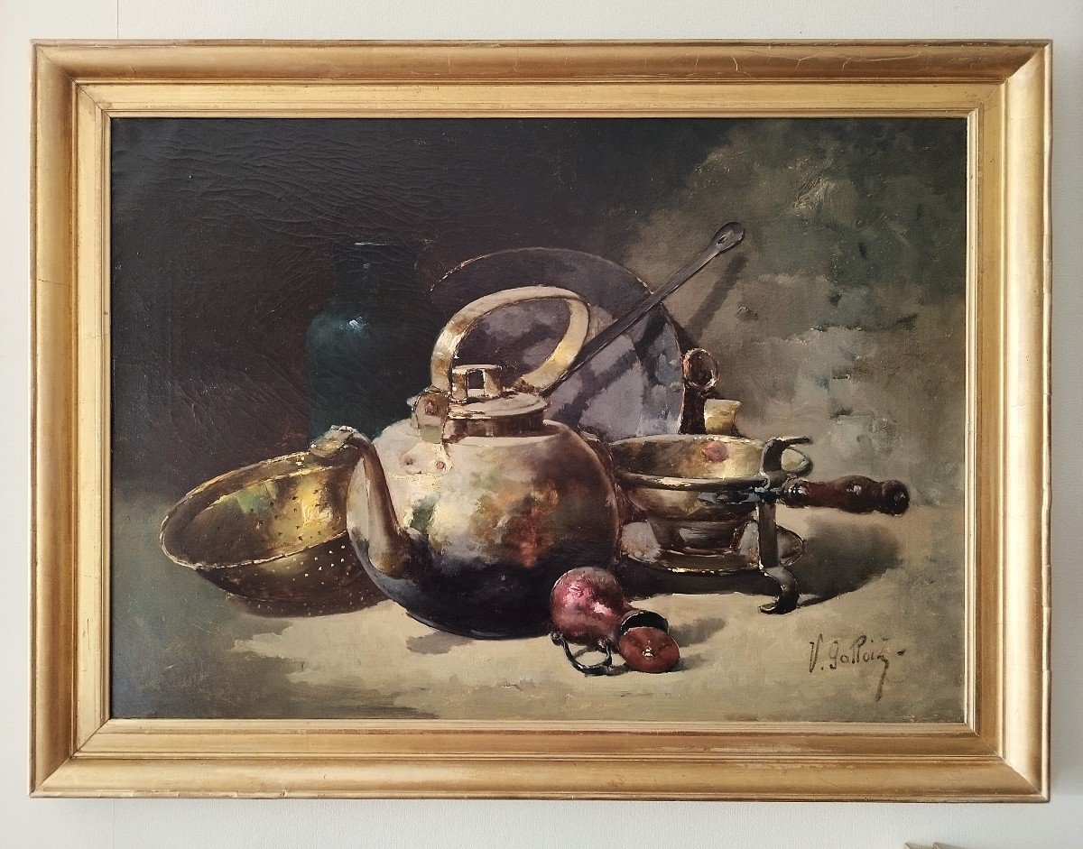 Victor Gallois Tableau Huile Sur Toile Nature Morte Aux Cuivres 19ème-photo-2