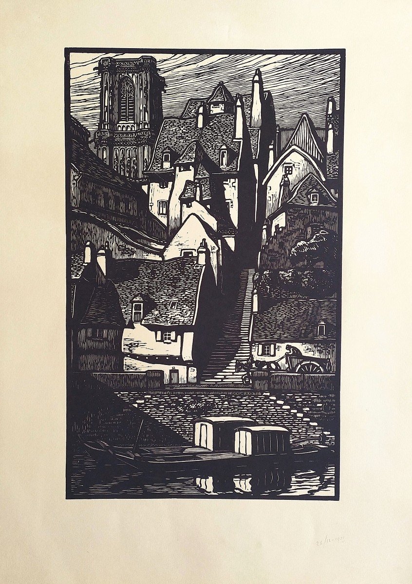 Brittany Landscape City Woodcut 20th C Engraving Old Print-photo-3